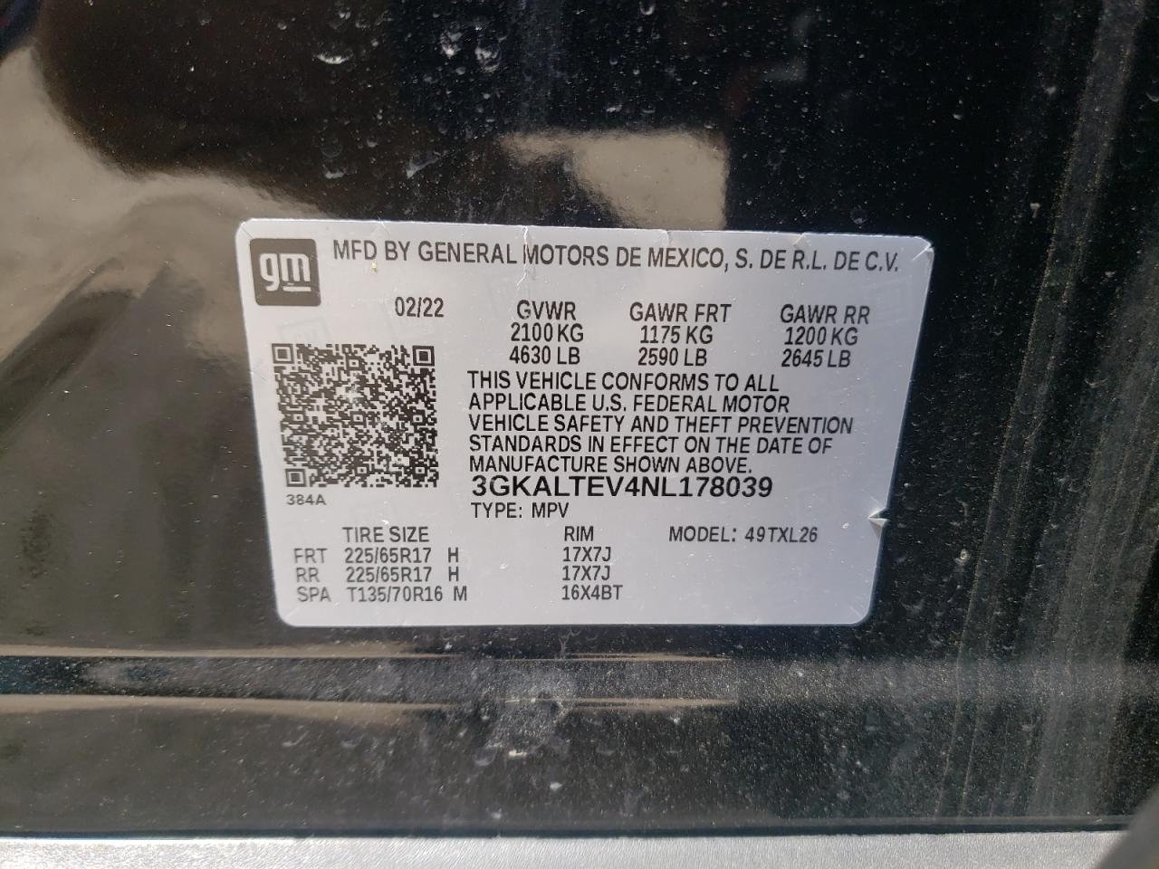 2022 GMC TERRAIN SLE VIN:3GKALTEV4NL178039