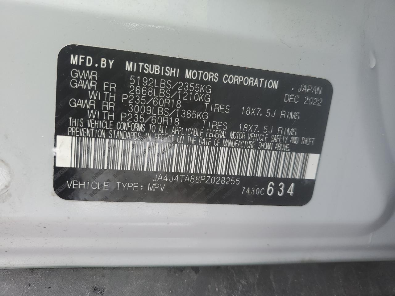 2023 MITSUBISHI OUTLANDER ES VIN:JA4J4TA88PZ028255