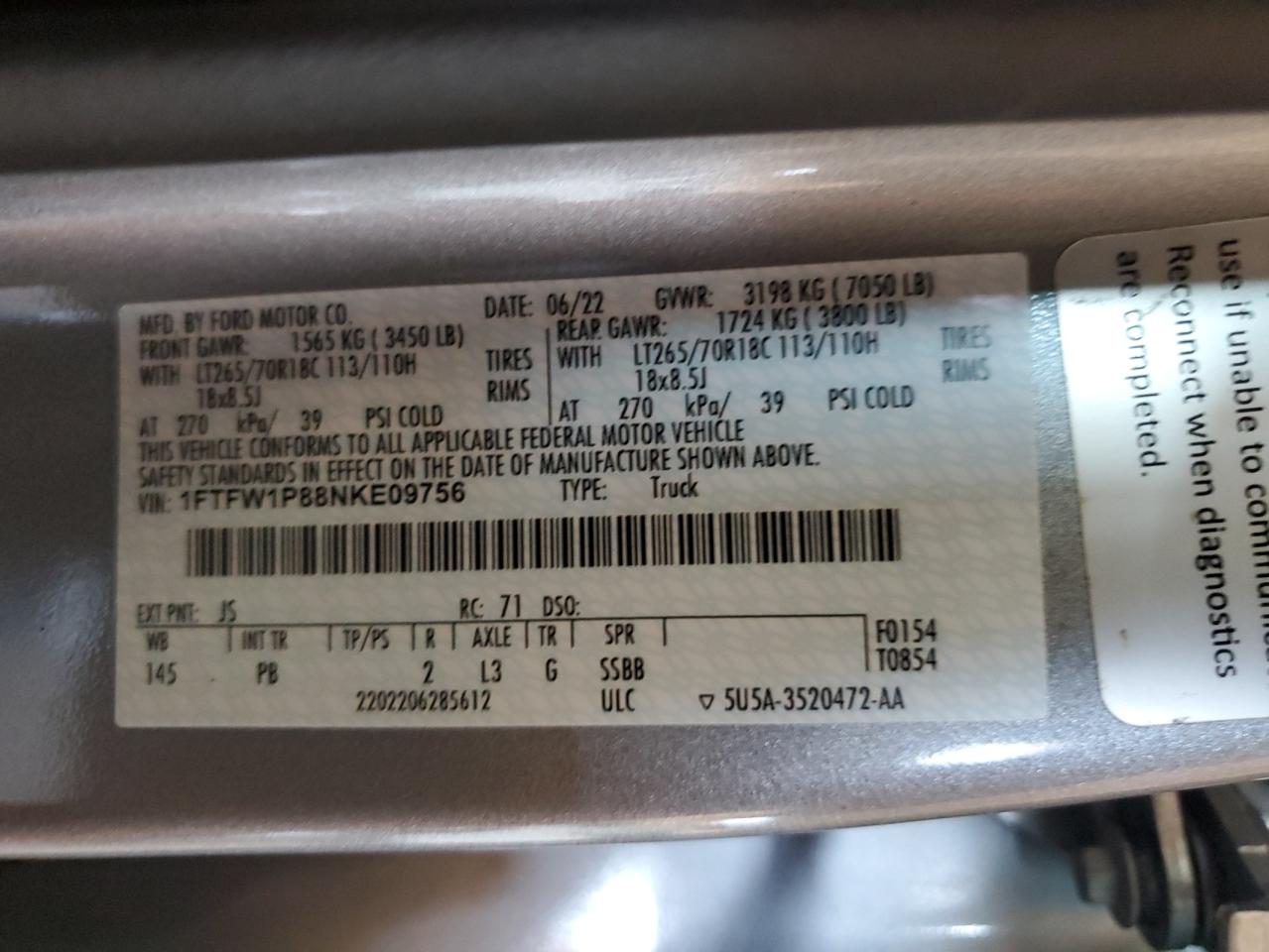 2022 FORD F150 POLICE RESPONDER VIN:1FTFW1P88NKE09756