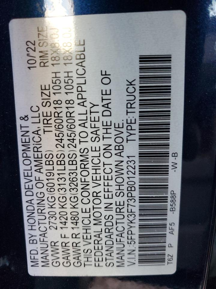 2023 HONDA RIDGELINE RTL-E VIN:5FPYK3F73PB012231