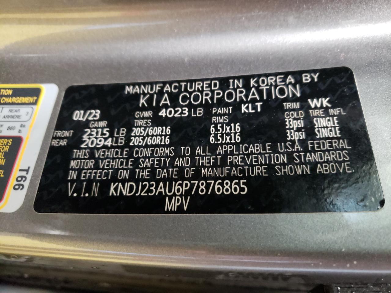 2023 KIA SOUL LX VIN:KNDJ23AU6P7876865
