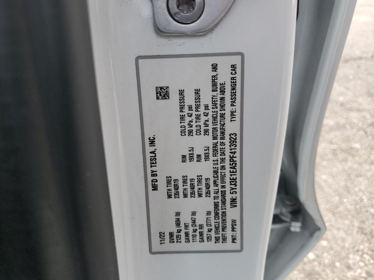 2023 TESLA MODEL 3  VIN:5YJ3E1EA5PF413923