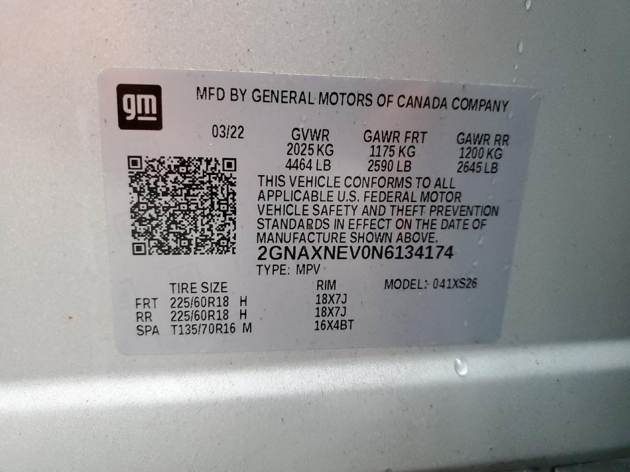 2022 CHEVROLET EQUINOX PREMIER VIN:2GNAXNEV0N6134174