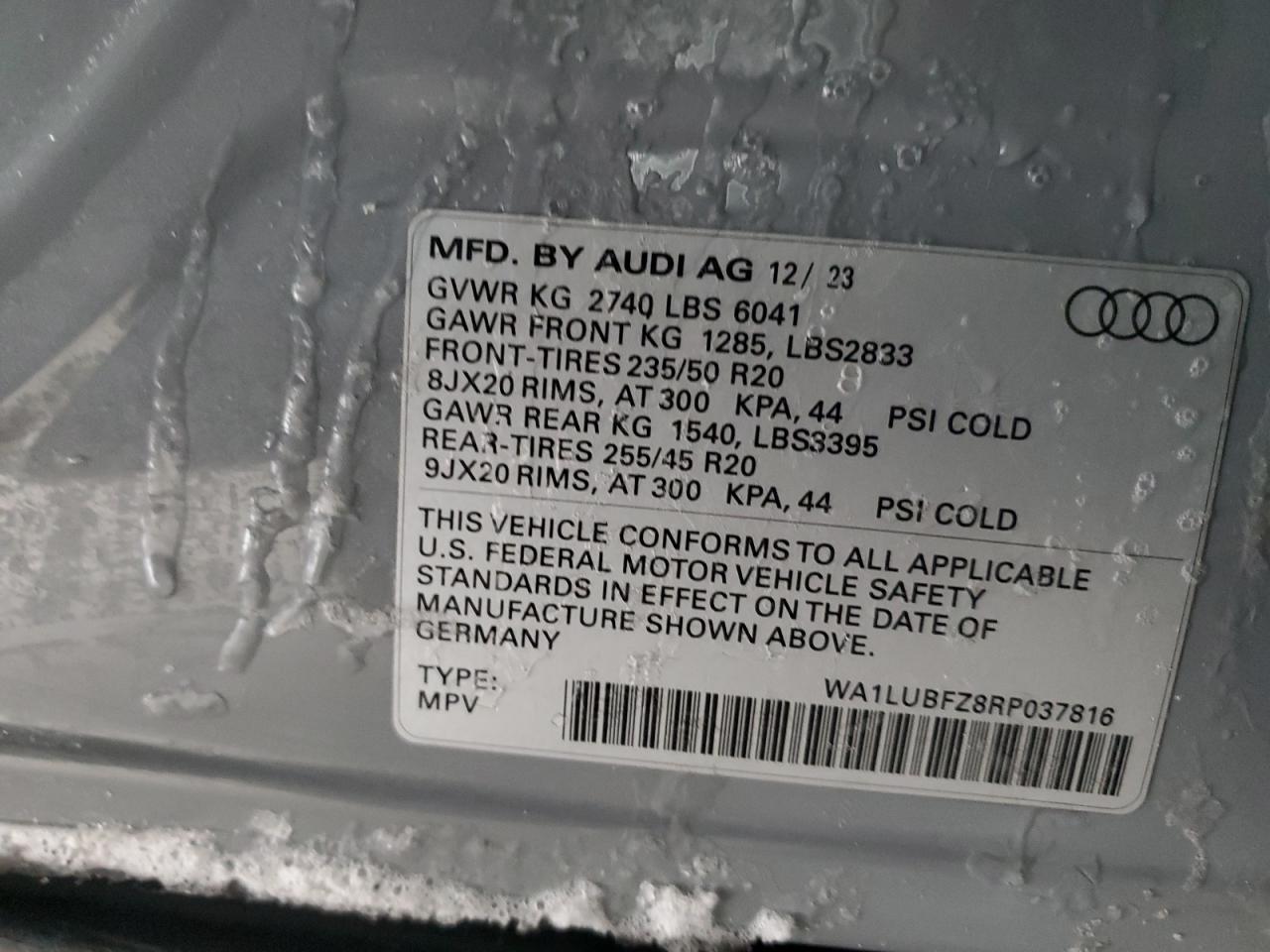 2024 AUDI Q4 E-TRON PREMIUM PLUS VIN:WA1LUBFZ8RP037816