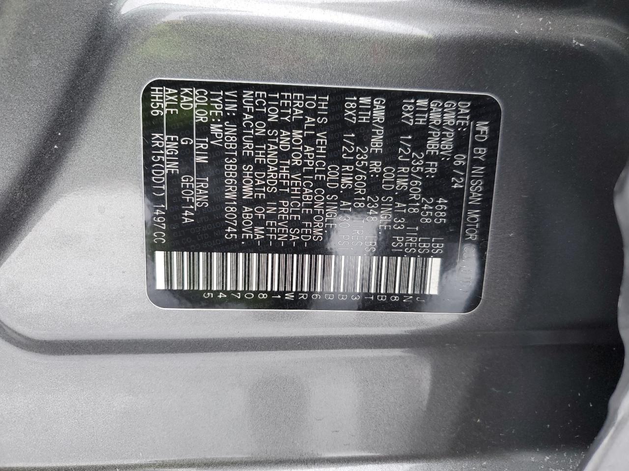 2024 NISSAN ROGUE SV VIN:JN8BT3BB6RW180745