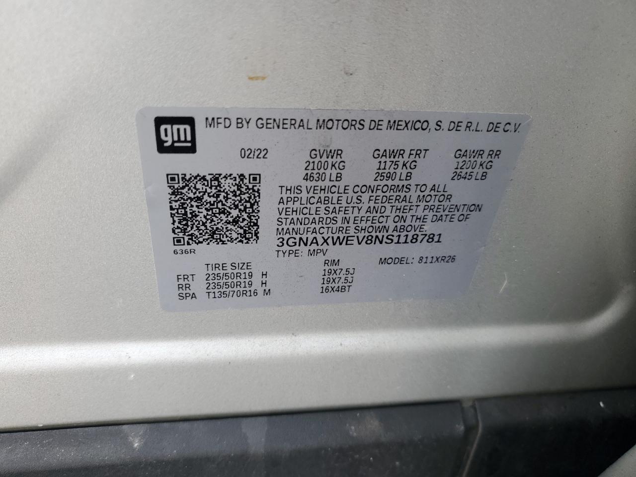 2022 CHEVROLET EQUINOX RS VIN:3GNAXWEV8NS118781