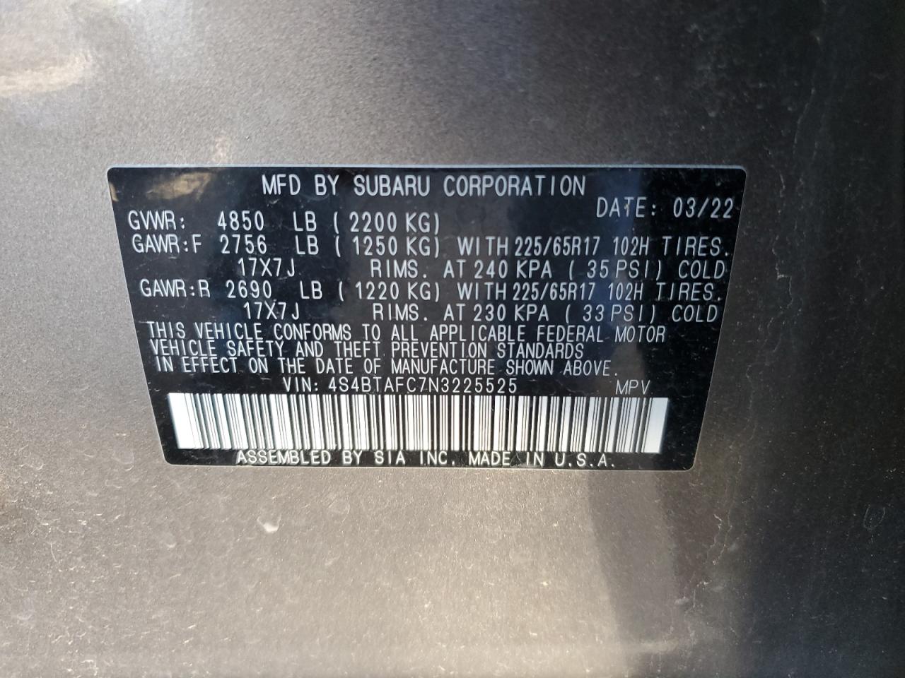 2022 SUBARU OUTBACK PREMIUM VIN:4S4BTAFC7N3225525