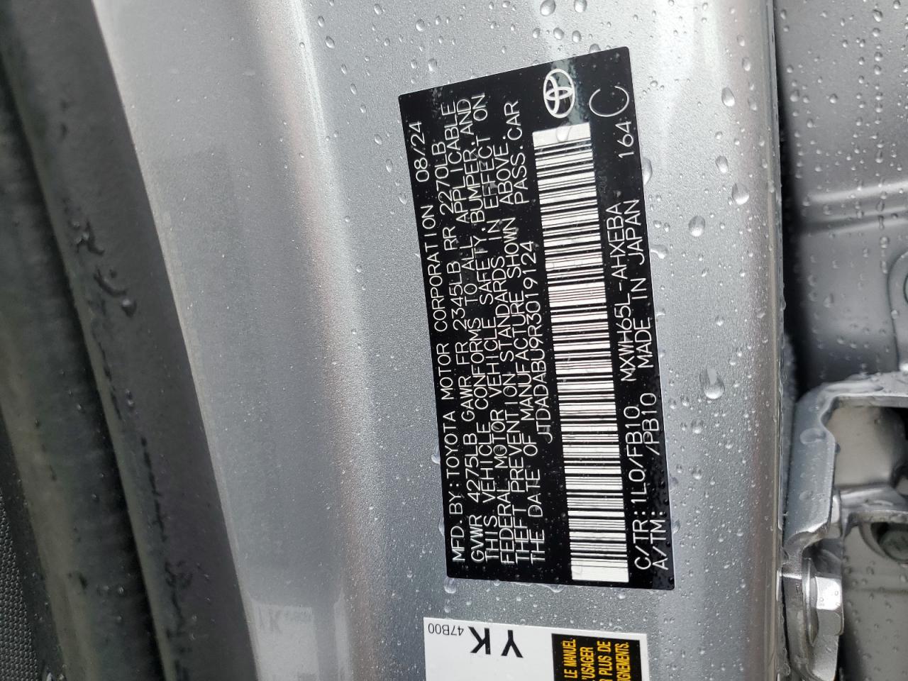 2024 TOYOTA PRIUS LE VIN:JTDADABU9R3019124