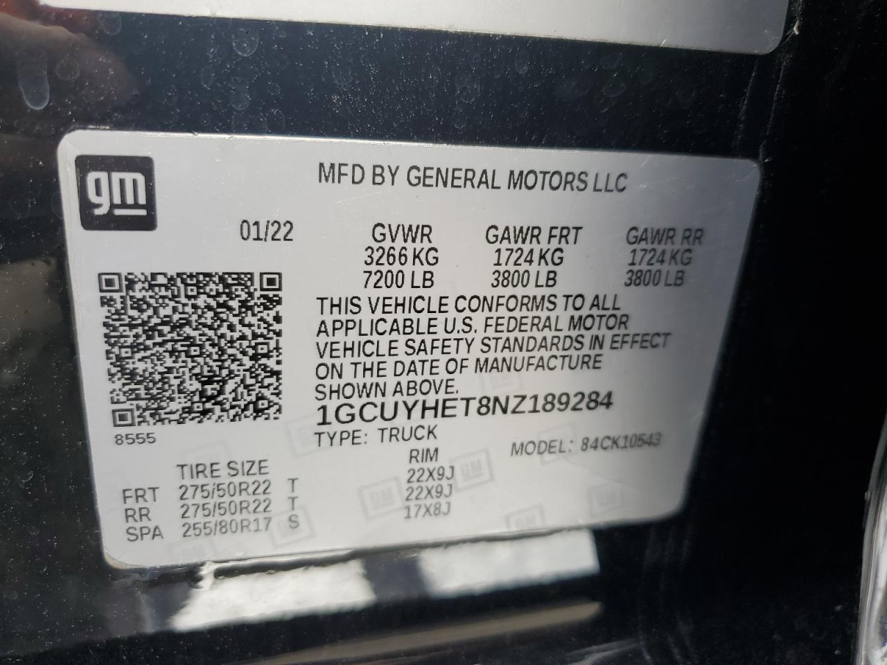 2022 CHEVROLET SILVERADO LTD K1500 HIGH COUNTRY VIN:1GCUYHET8NZ189284