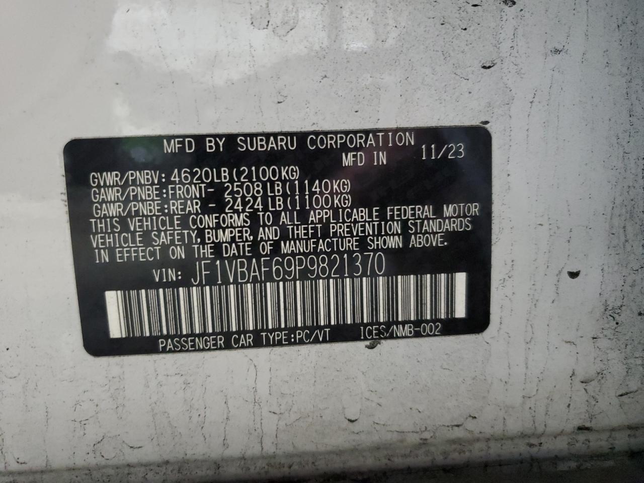 2023 SUBARU WRX PREMIUM VIN:JF1VBAF69P9821370