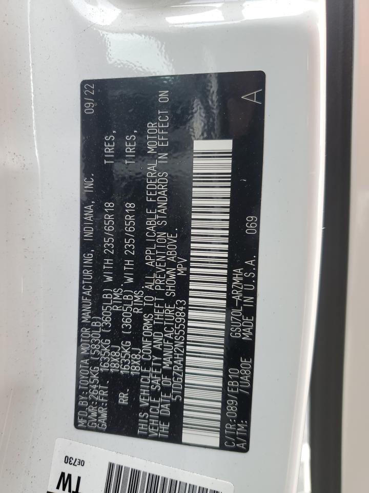 2022 TOYOTA HIGHLANDER XLE VIN:5TDGZRAH2NS559843