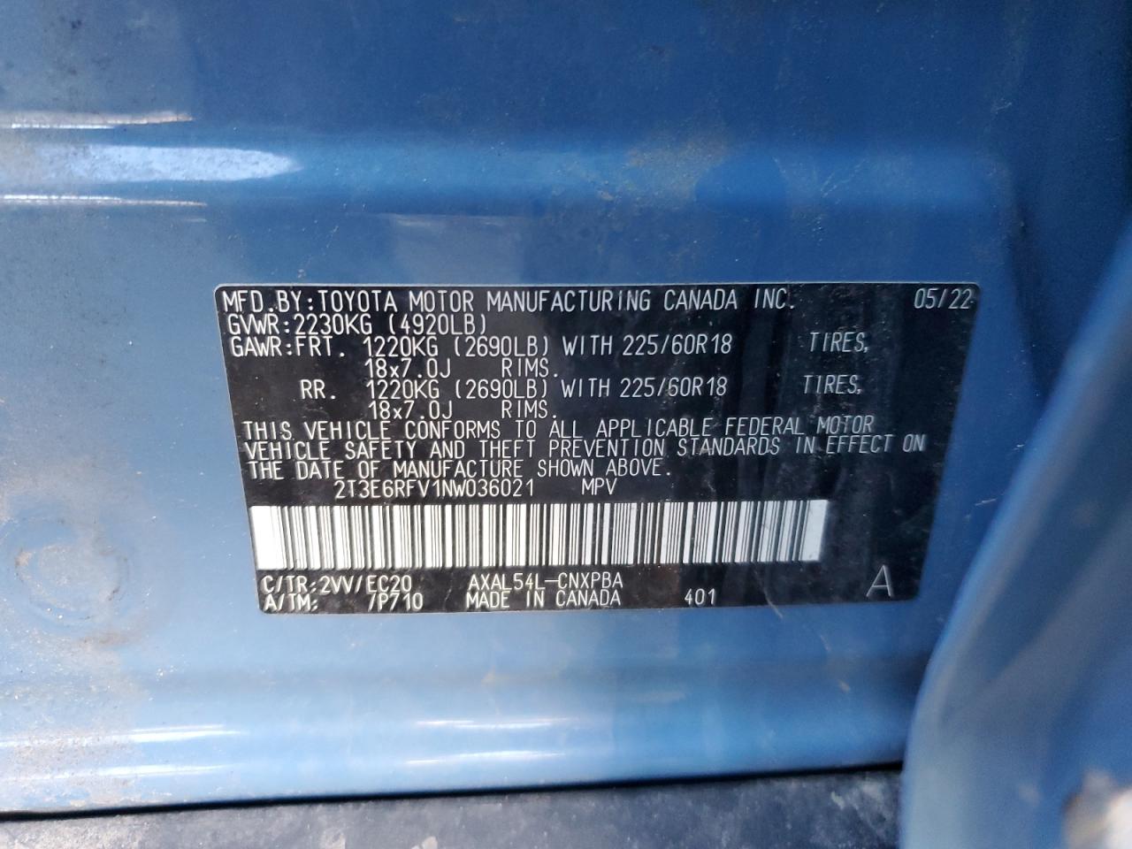 2022 TOYOTA RAV4 XSE VIN:2T3E6RFV1NW036021