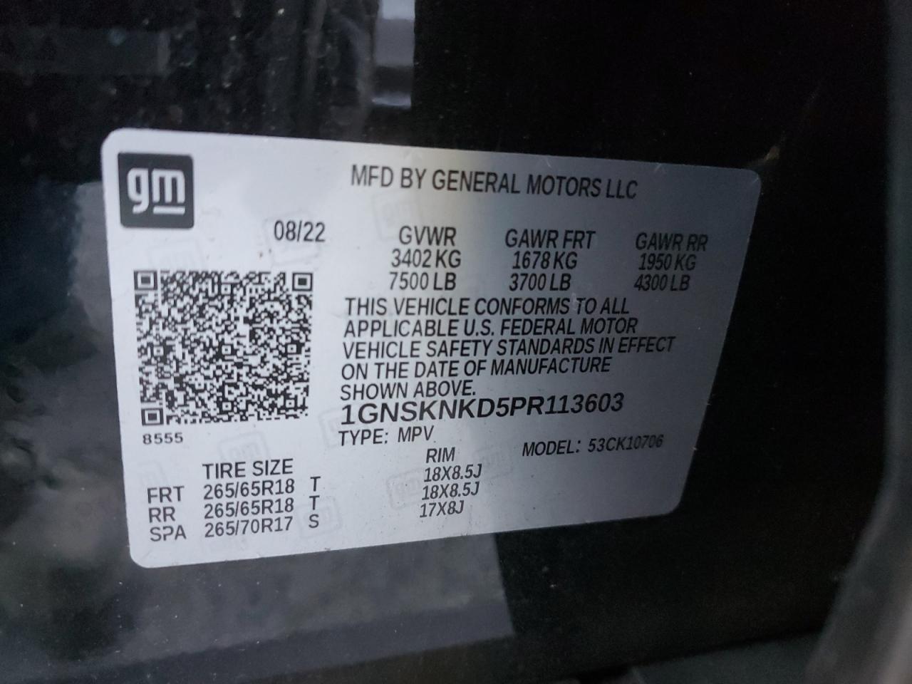 2023 CHEVROLET TAHOE K1500 LT VIN:1GNSKNKD5PR113603