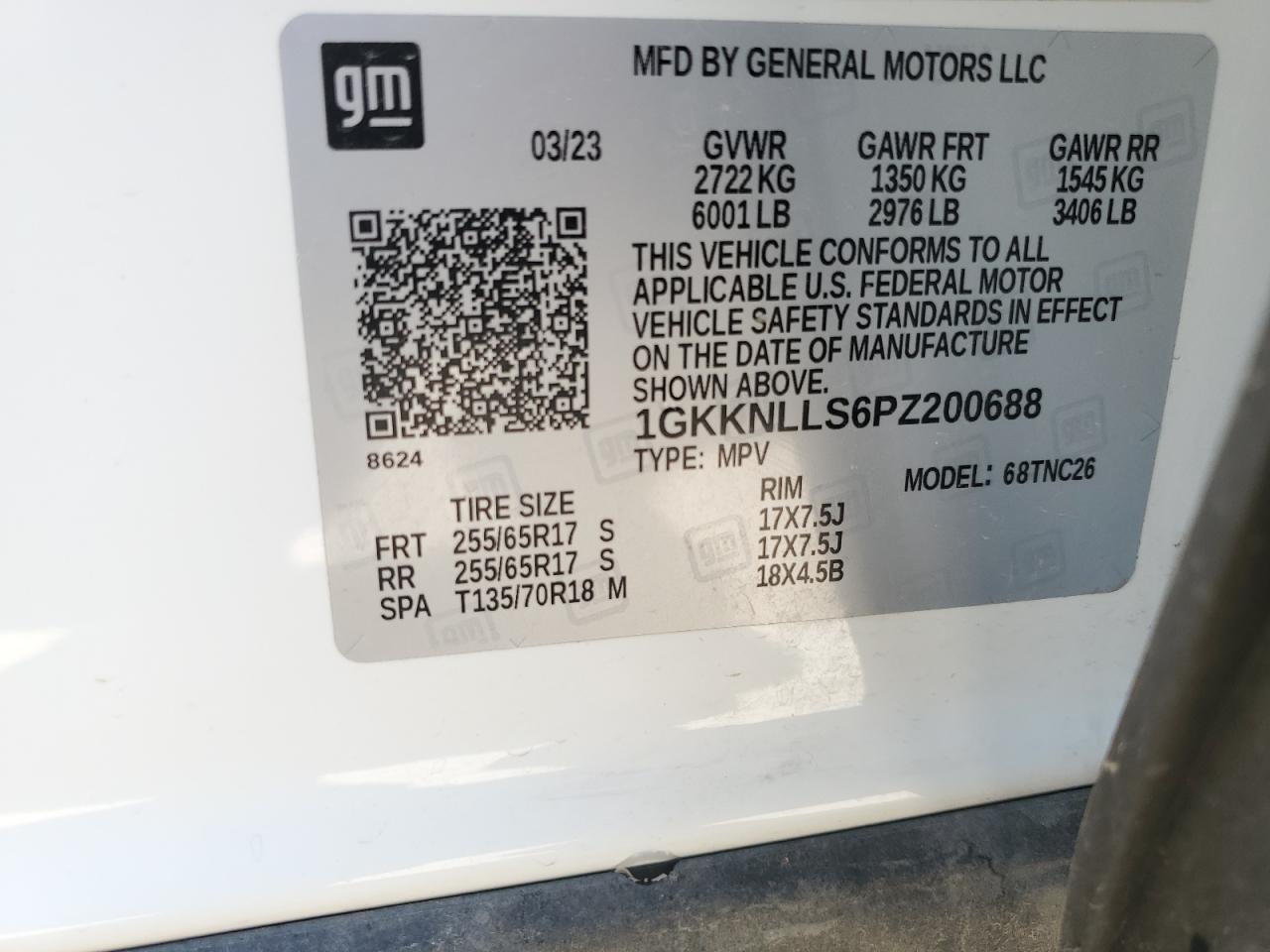 2023 GMC ACADIA AT4 VIN:1GKKNLLS6PZ200688