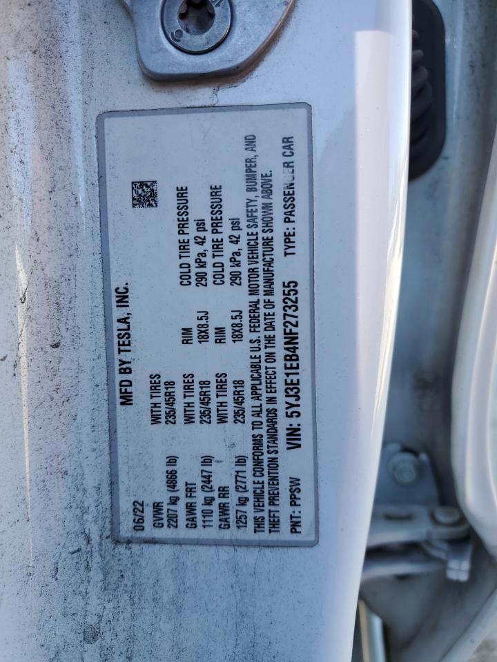 2022 TESLA MODEL 3  VIN:5YJ3E1EB4NF273255