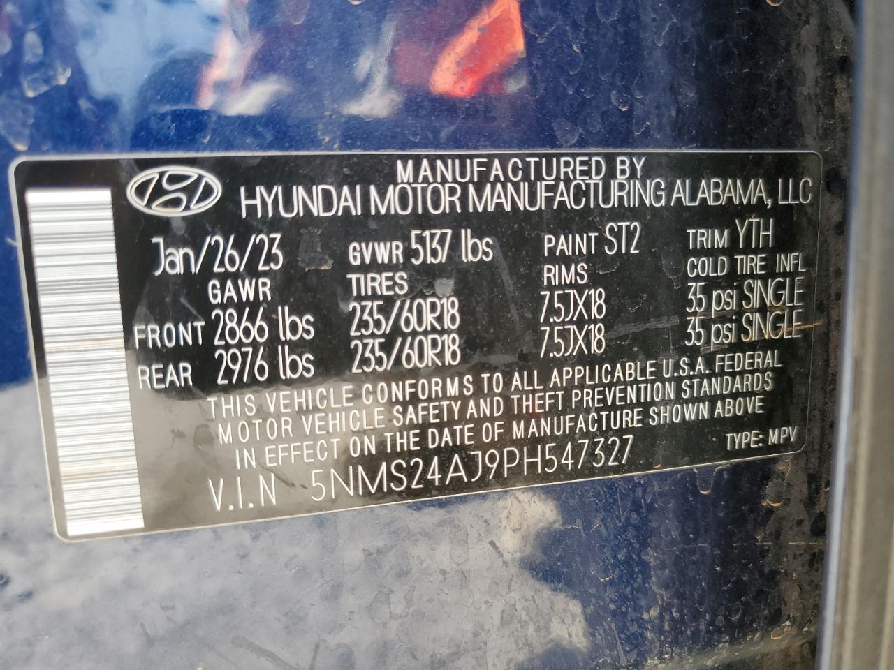 2023 HYUNDAI SANTA FE SEL VIN:5NMS24AJ9PH547327