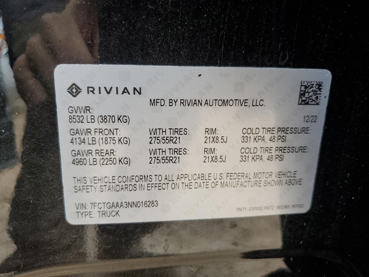 2022 RIVIAN R1T ADVENTURE VIN:7FCTGAAA3NN016283