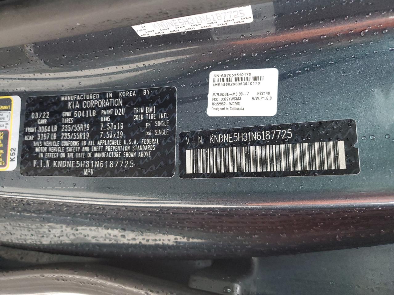 2022 KIA CARNIVAL SX PRESTIGE VIN:KNDNE5H31N6187725