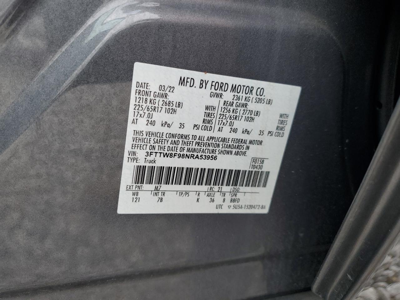 2022 FORD MAVERICK XL VIN:3FTTW8F98NRA53956