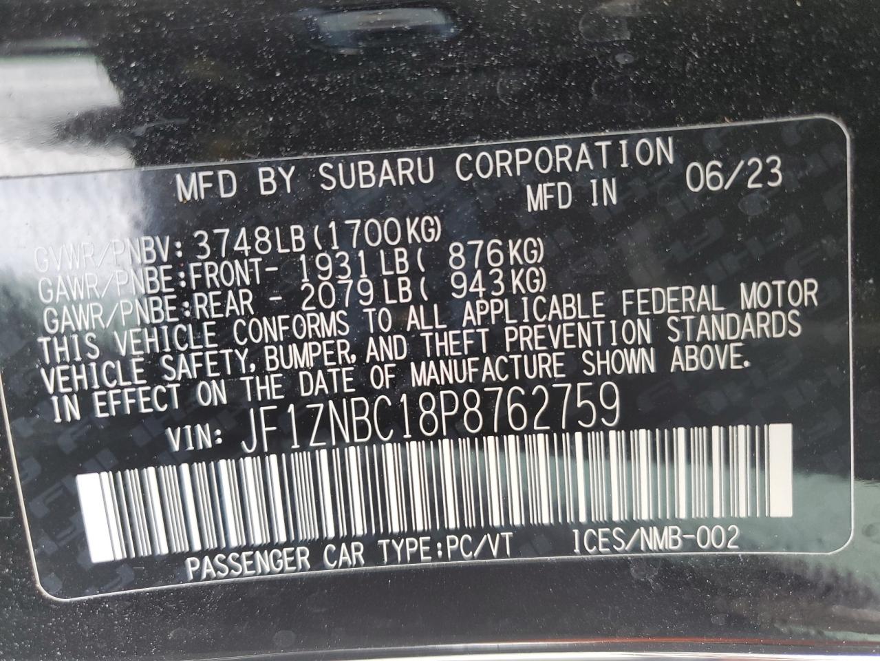 2023 TOYOTA GR 86  VIN:JF1ZNBC18P8762759