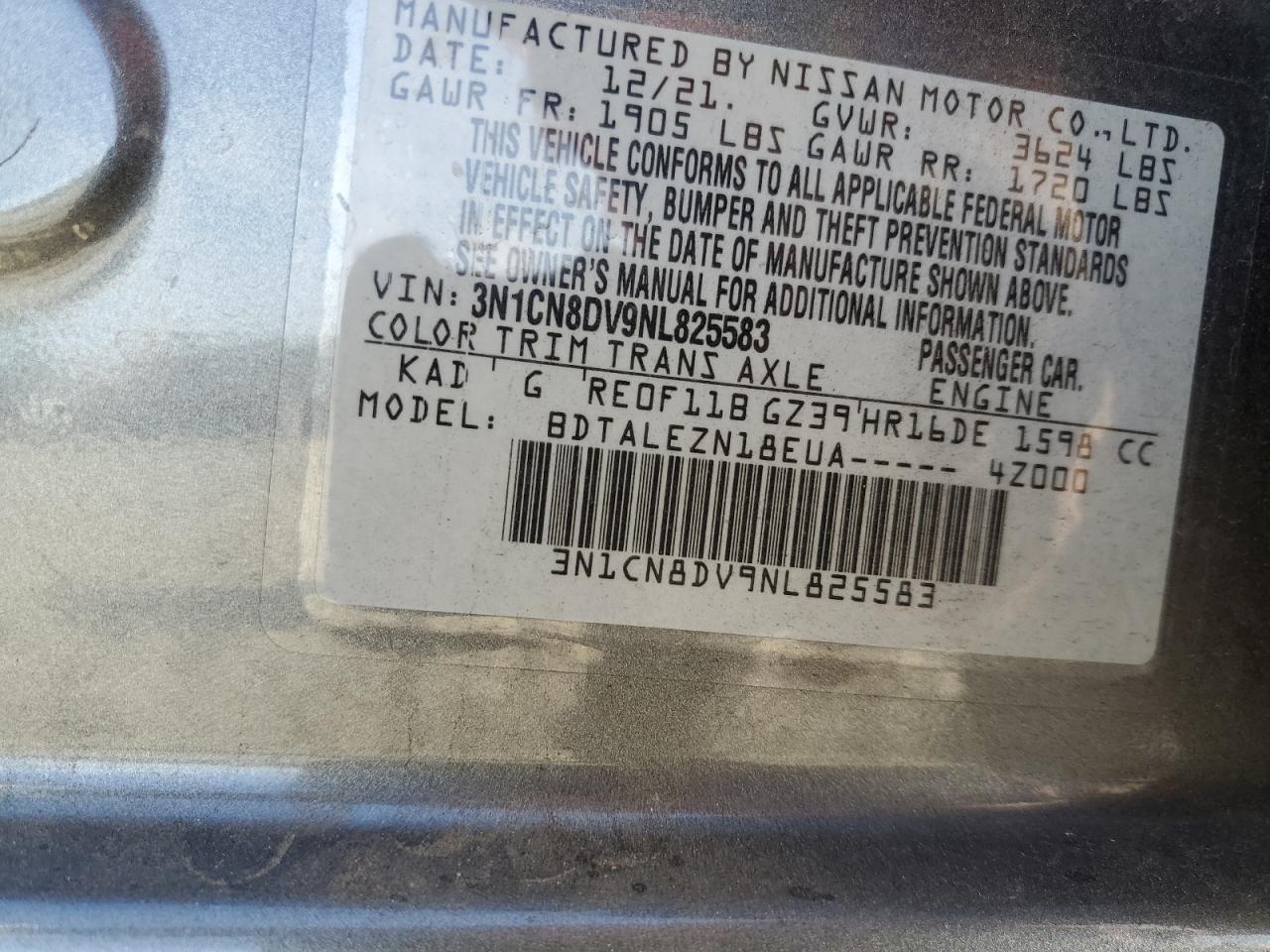2022 NISSAN VERSA S VIN:3N1CN8DV9NL825583