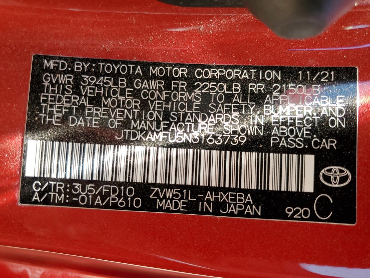 2022 TOYOTA PRIUS NIGHT SHADE VIN:JTDKAMFU5N3163739