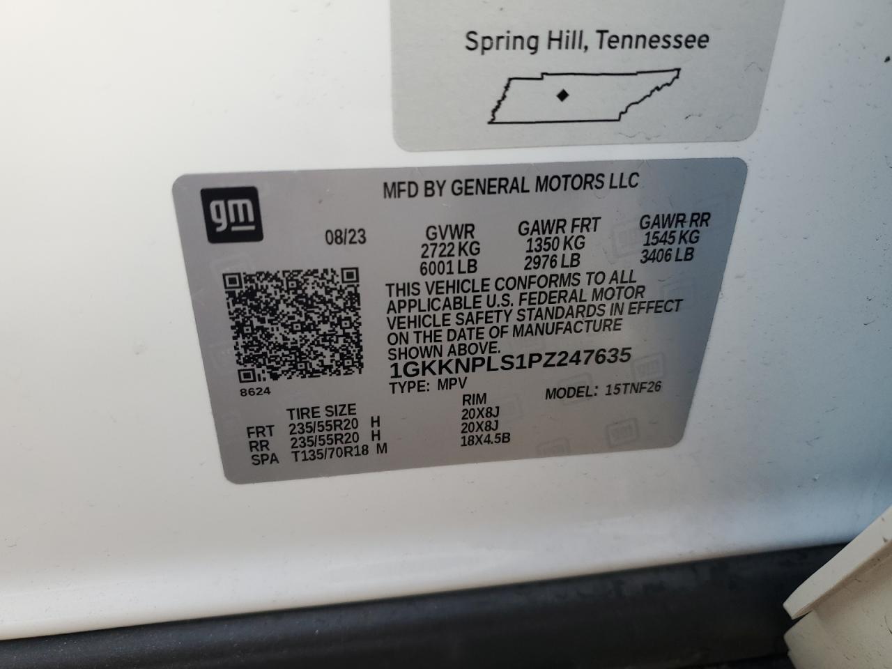 2023 GMC ACADIA DENALI VIN:1GKKNPLS1PZ247635