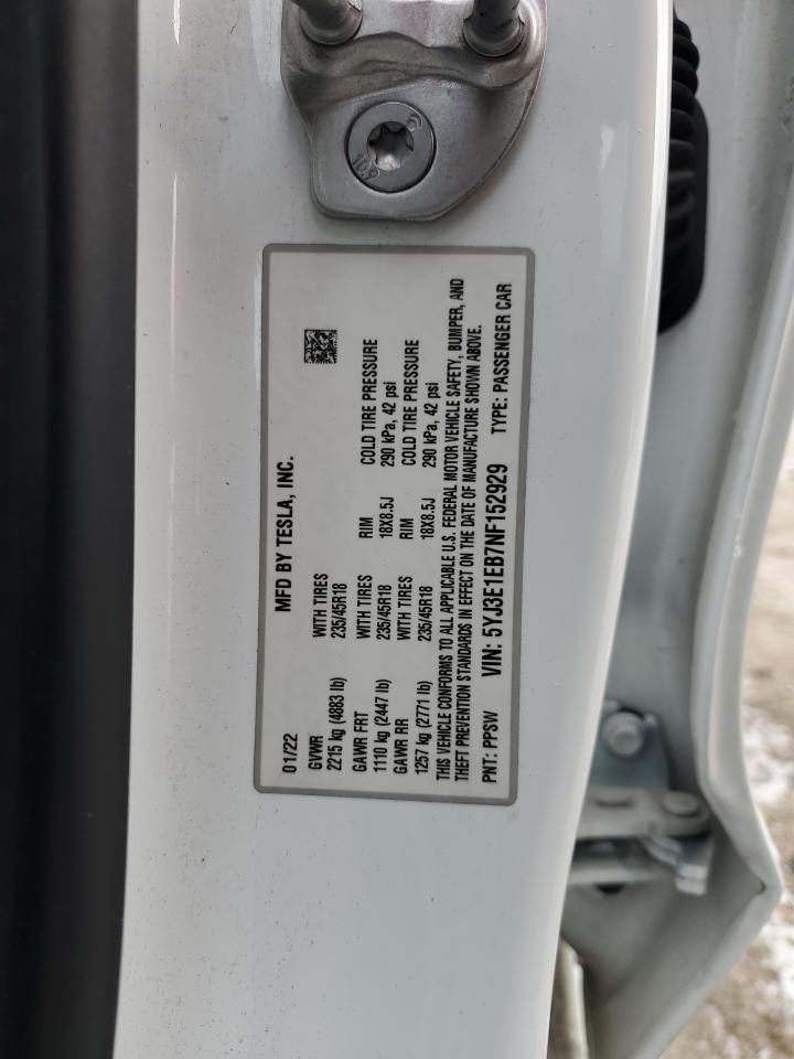 2022 TESLA MODEL 3  VIN:5YJ3E1EB7NF152929