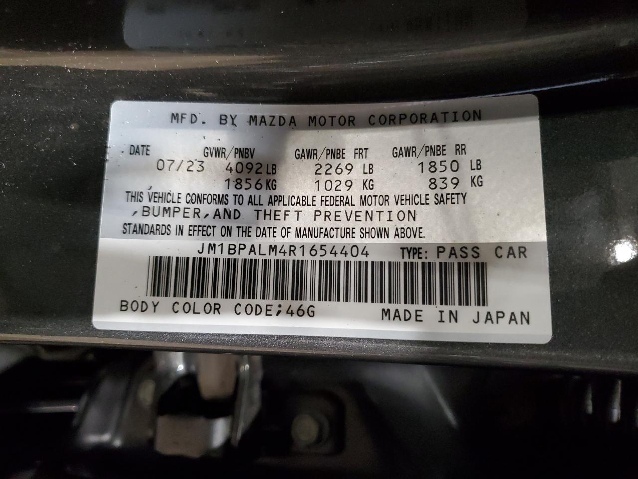 2024 MAZDA 3 PREFERRED VIN:JM1BPALM4R1654404