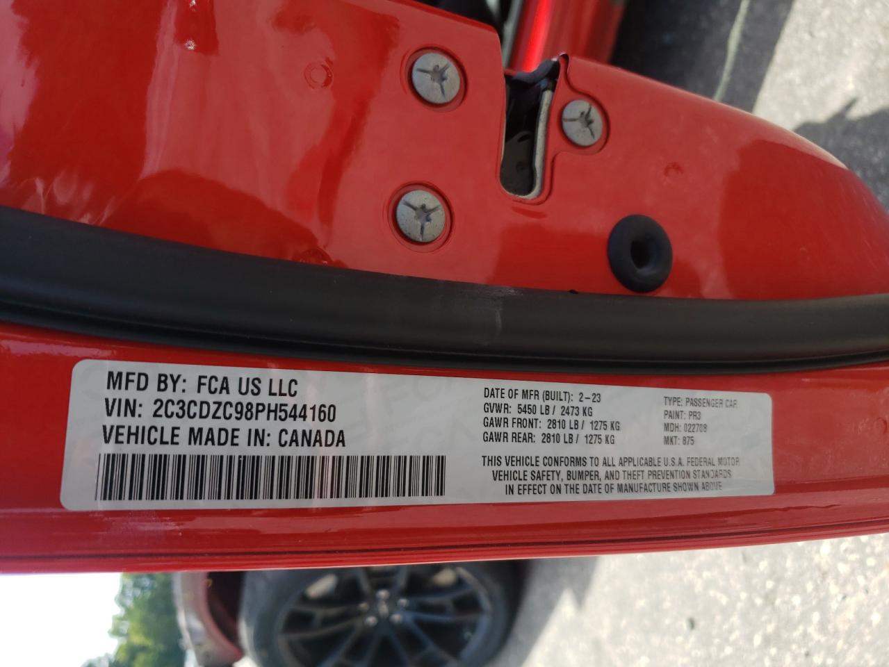 2023 DODGE CHALLENGER SRT HELLCAT VIN:2C3CDZC98PH544160