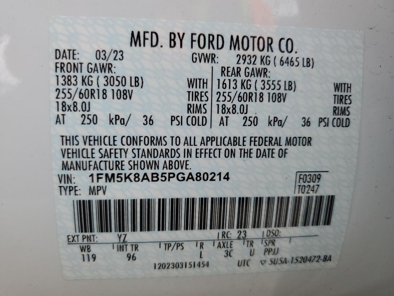 2023 FORD EXPLORER POLICE INTERCEPTOR VIN:1FM5K8AB5PGA80214