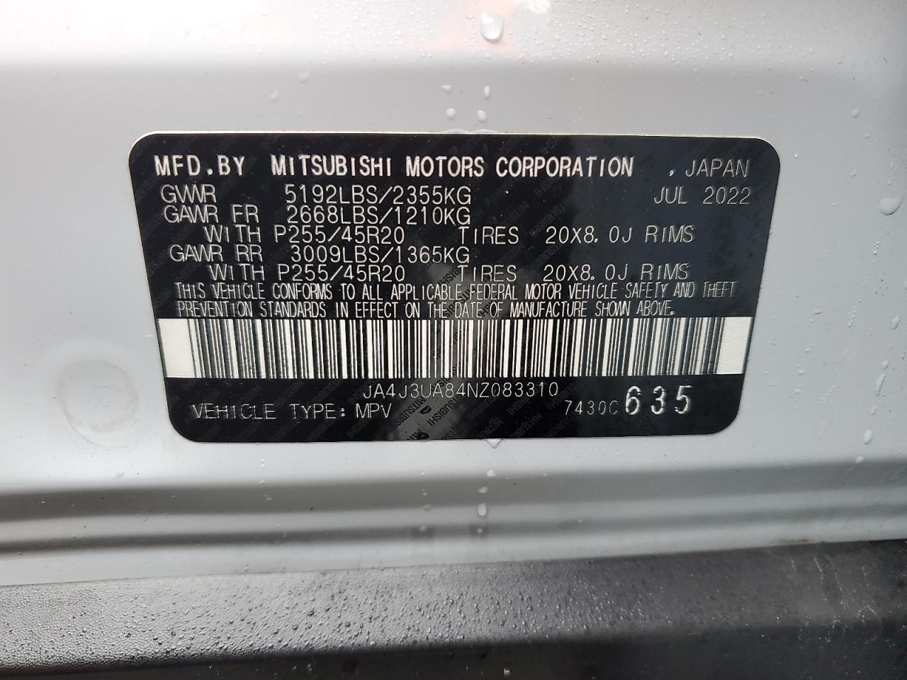 2022 MITSUBISHI OUTLANDER SE VIN:JA4J3UA84NZ083310