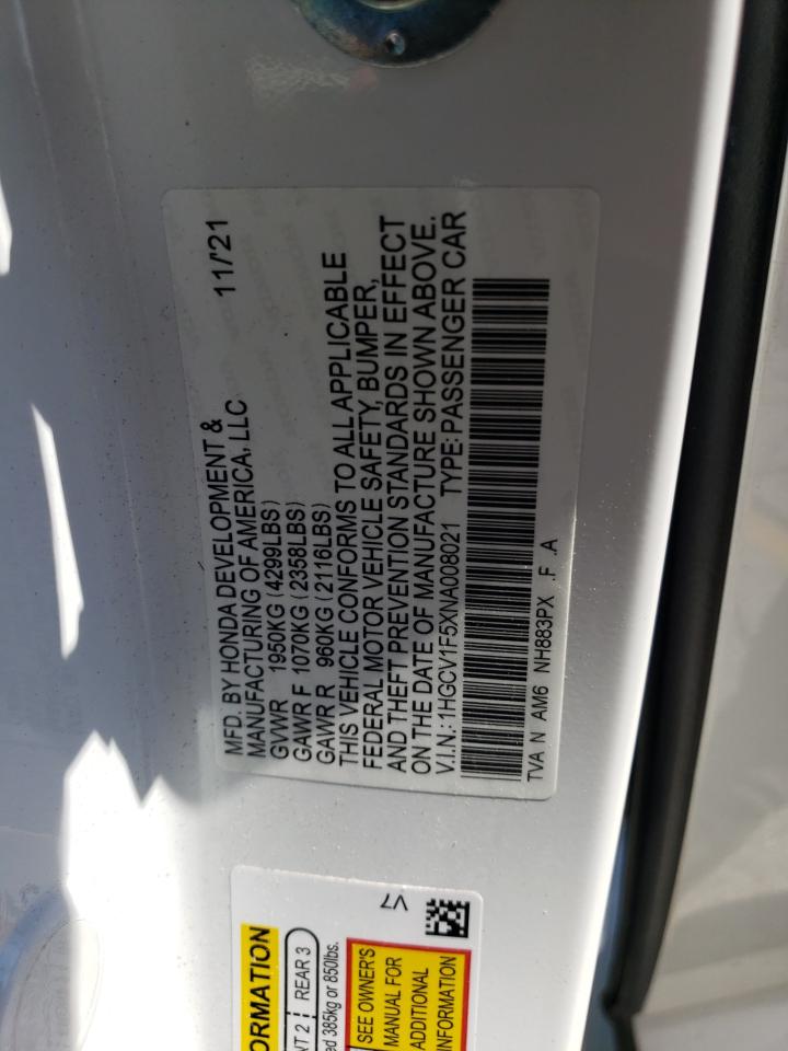 2022 HONDA ACCORD EXL VIN:1HGCV1F5XNA008021