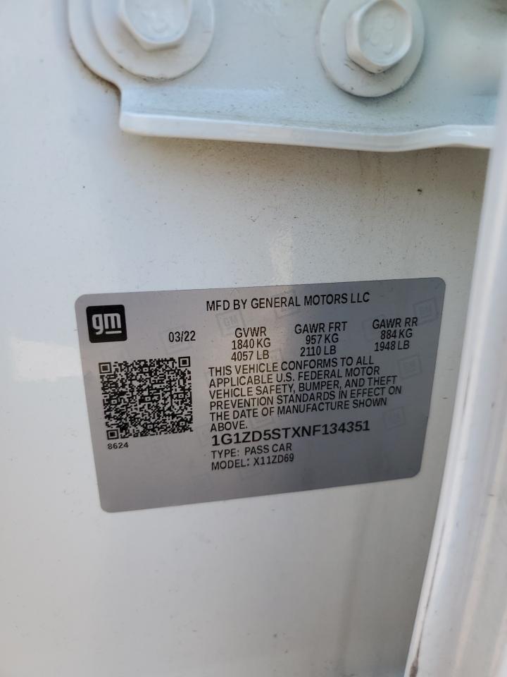 2022 CHEVROLET MALIBU LT VIN:1G1ZD5STXNF134351