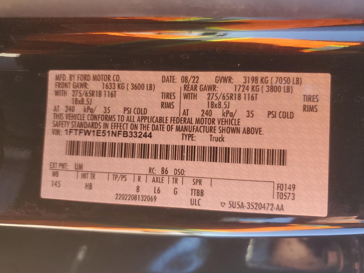 2022 FORD F150 SUPERCREW VIN:1FTFW1E51NFB33244