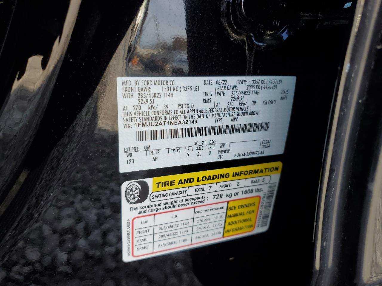 2022 FORD EXPEDITION LIMITED VIN:1FMJU2AT1NEA32149
