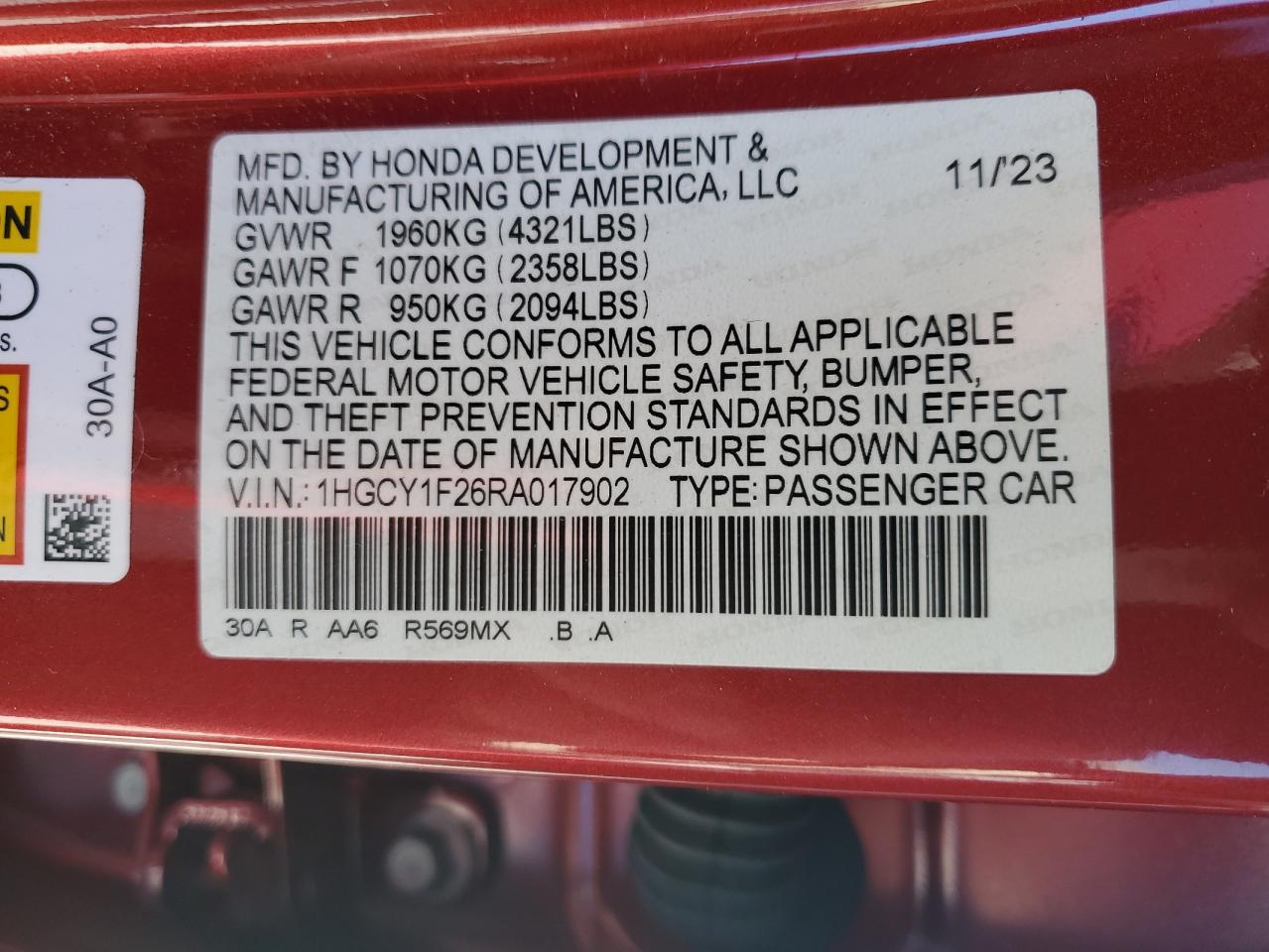 2024 HONDA ACCORD LX VIN:1HGCY1F26RA017902