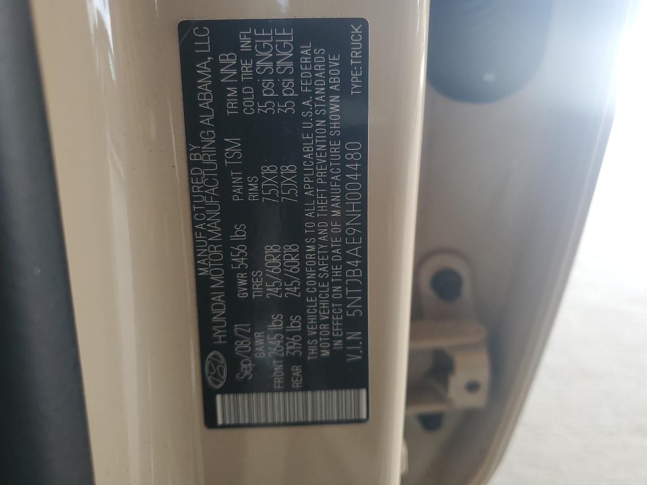 2022 HYUNDAI SANTA CRUZ SEL VIN:5NTJB4AE9NH004480