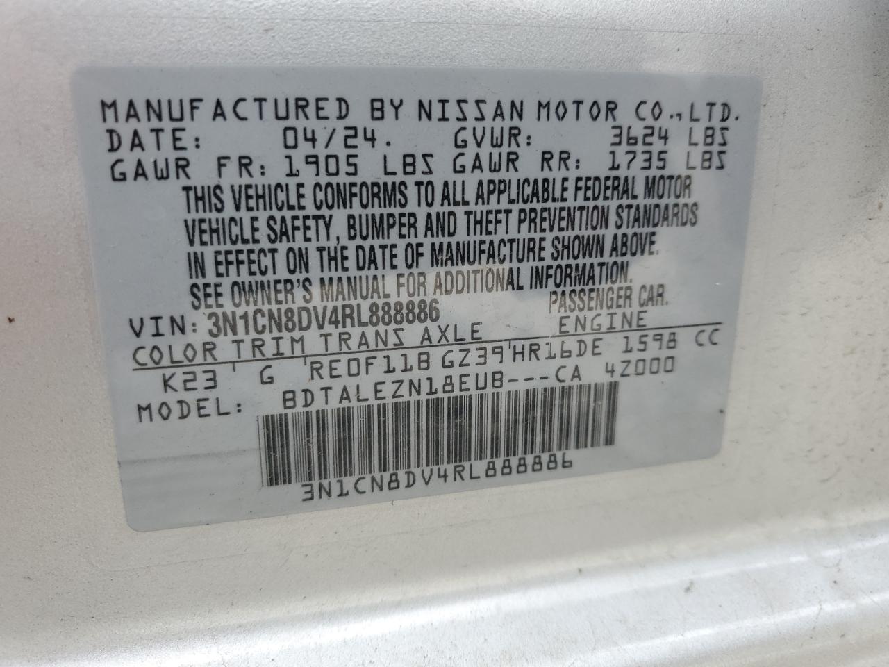 2024 NISSAN VERSA S VIN:3N1CN8DV4RL888886