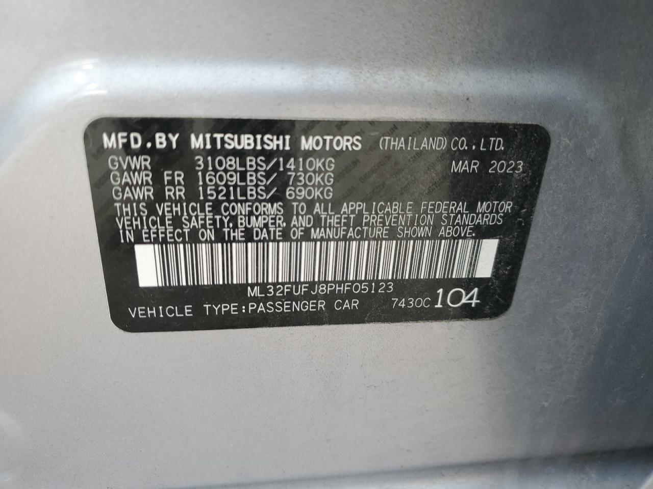 2023 MITSUBISHI MIRAGE G4 ES VIN:ML32FUFJ8PHF05123