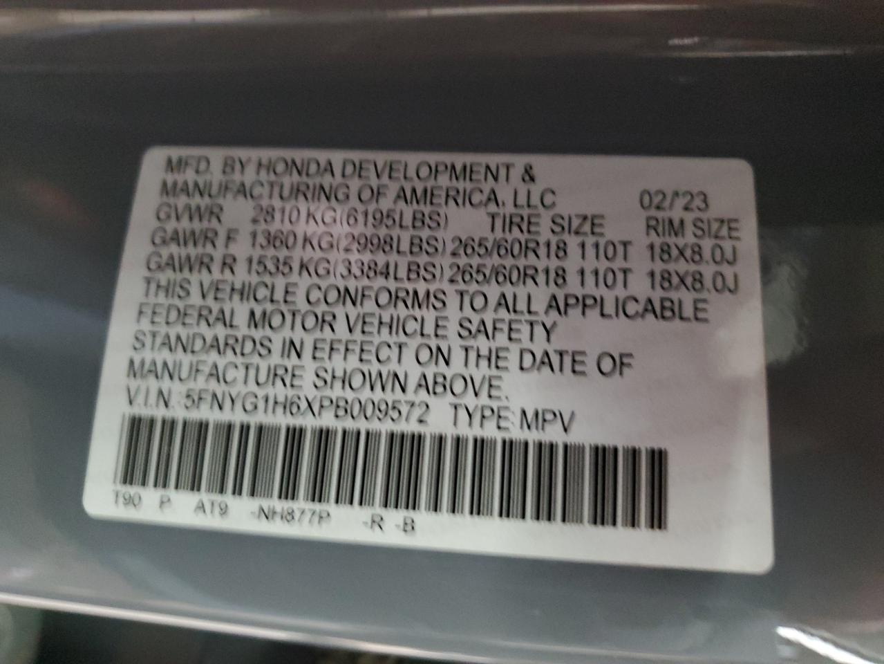 2023 HONDA PILOT TRAILSPORT VIN:5FNYG1H6XPB009572