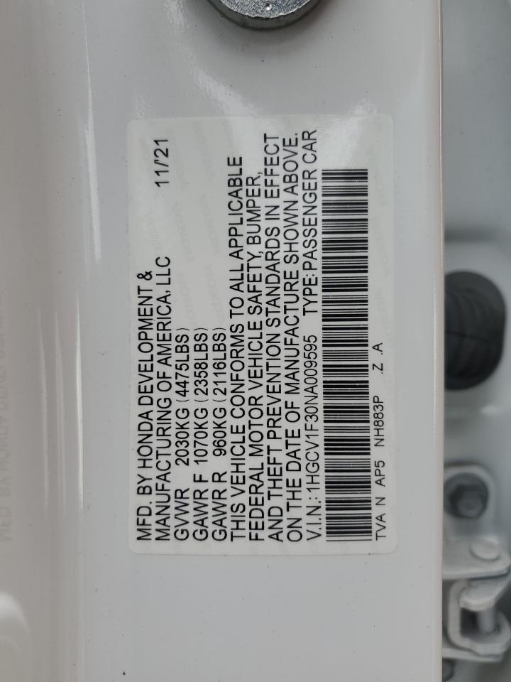 2022 HONDA ACCORD SPORT VIN:1HGCV1F30NA009595