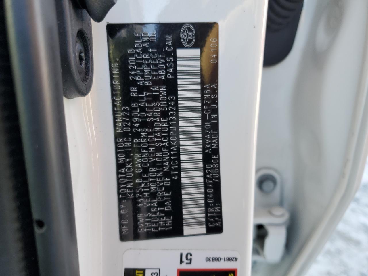 2023 TOYOTA CAMRY LE VIN:4T1C11AK0PU133243