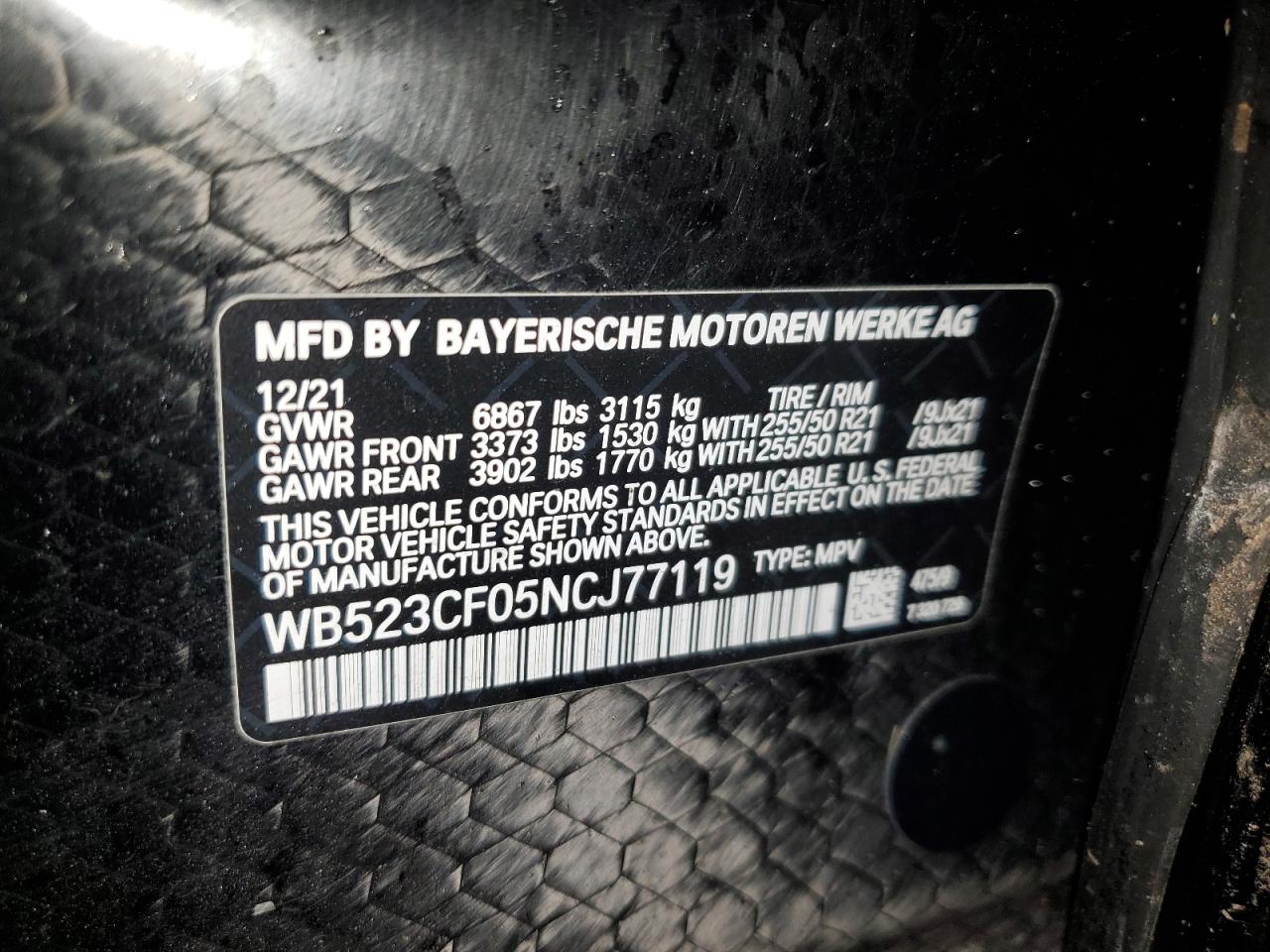 2022 BMW IX XDRIVE50 VIN:WB523CF05NCJ77119