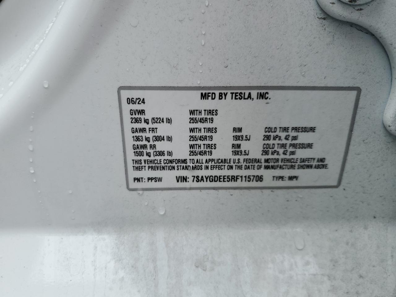 2024 TESLA MODEL Y  VIN:7SAYGDEE5RF115706