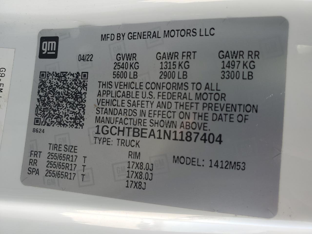 2022 CHEVROLET COLORADO  VIN:1GCHTBEA1N1187404