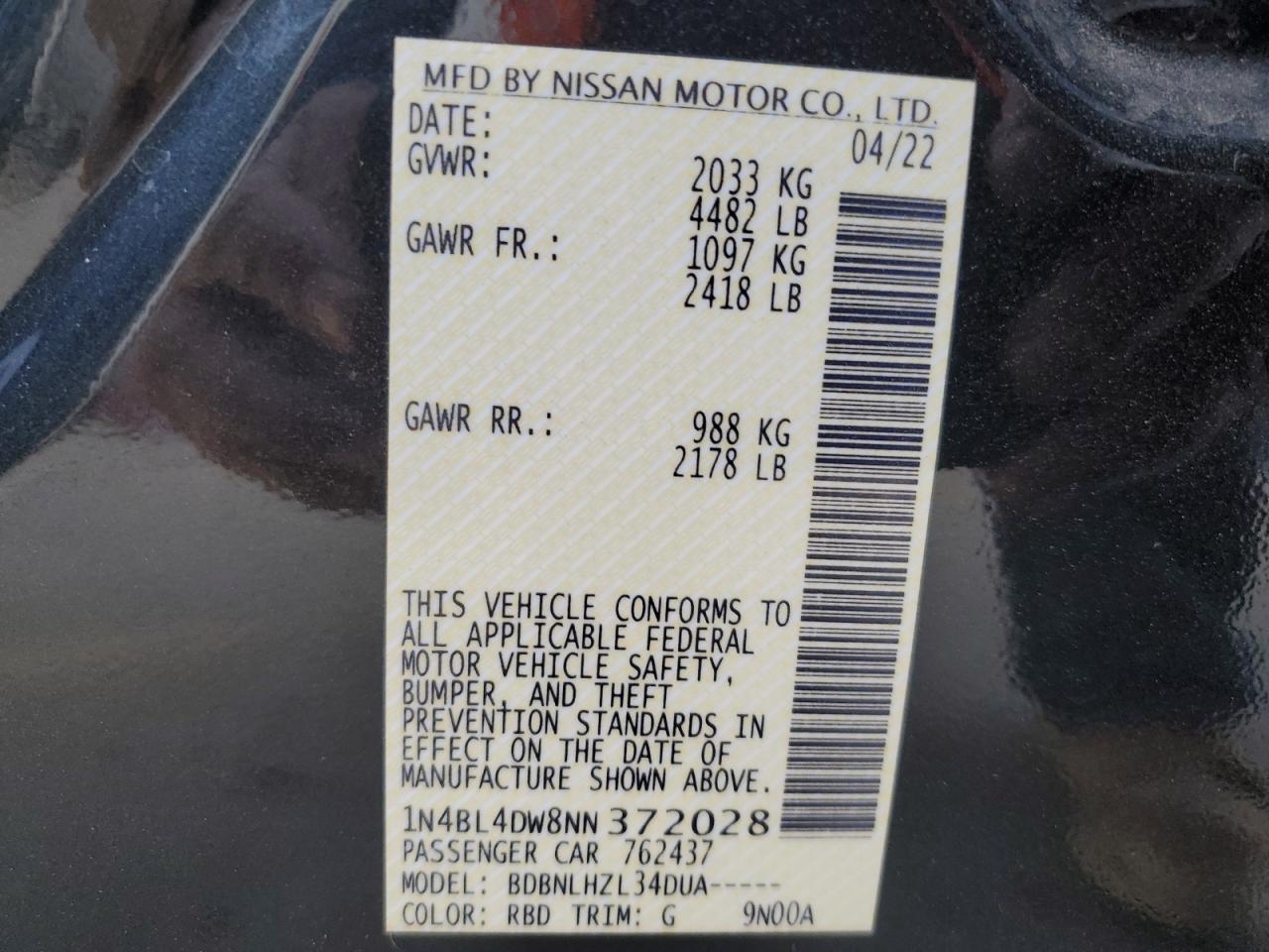 2022 NISSAN ALTIMA SV VIN:1N4BL4DW8NN372028