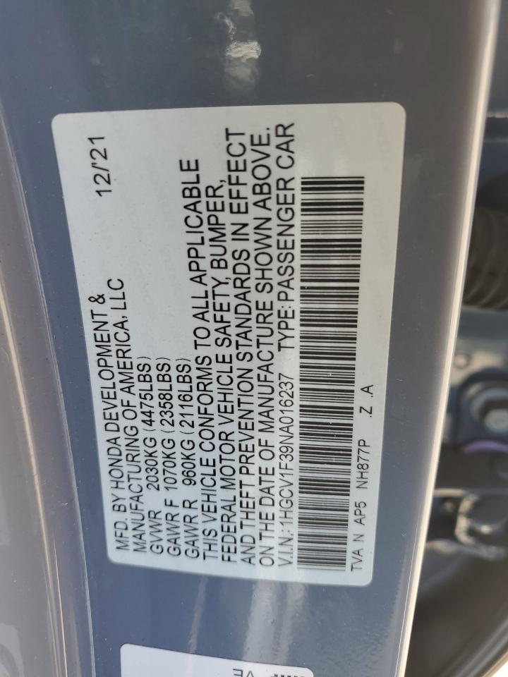 2022 HONDA ACCORD SPORT VIN:1HGCV1F39NA016237