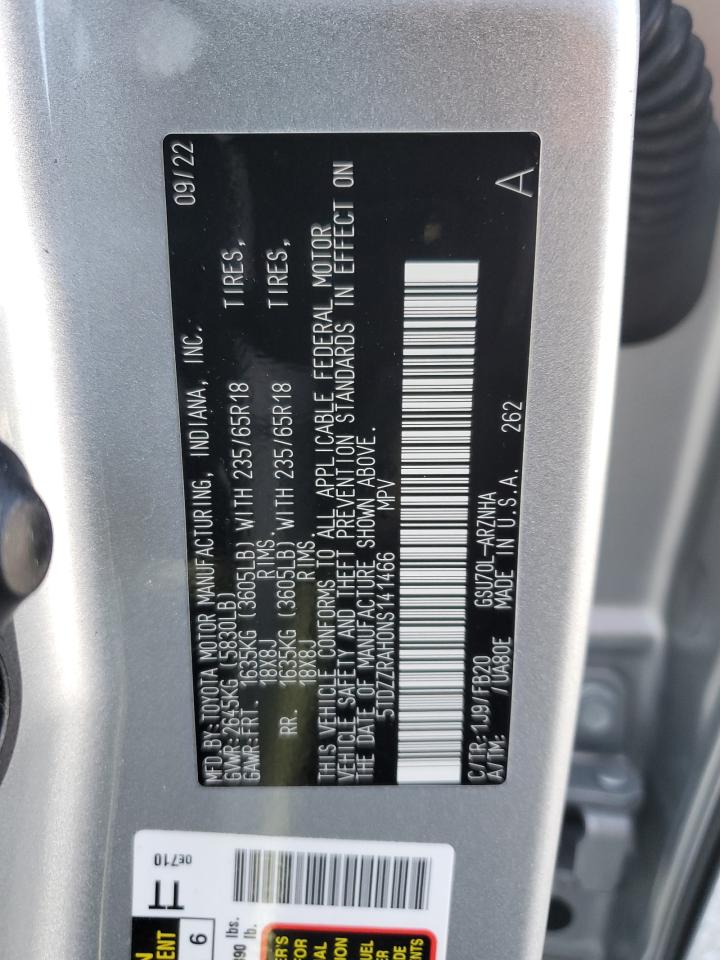 2022 TOYOTA HIGHLANDER L VIN:5TDZZRAH0NS141466