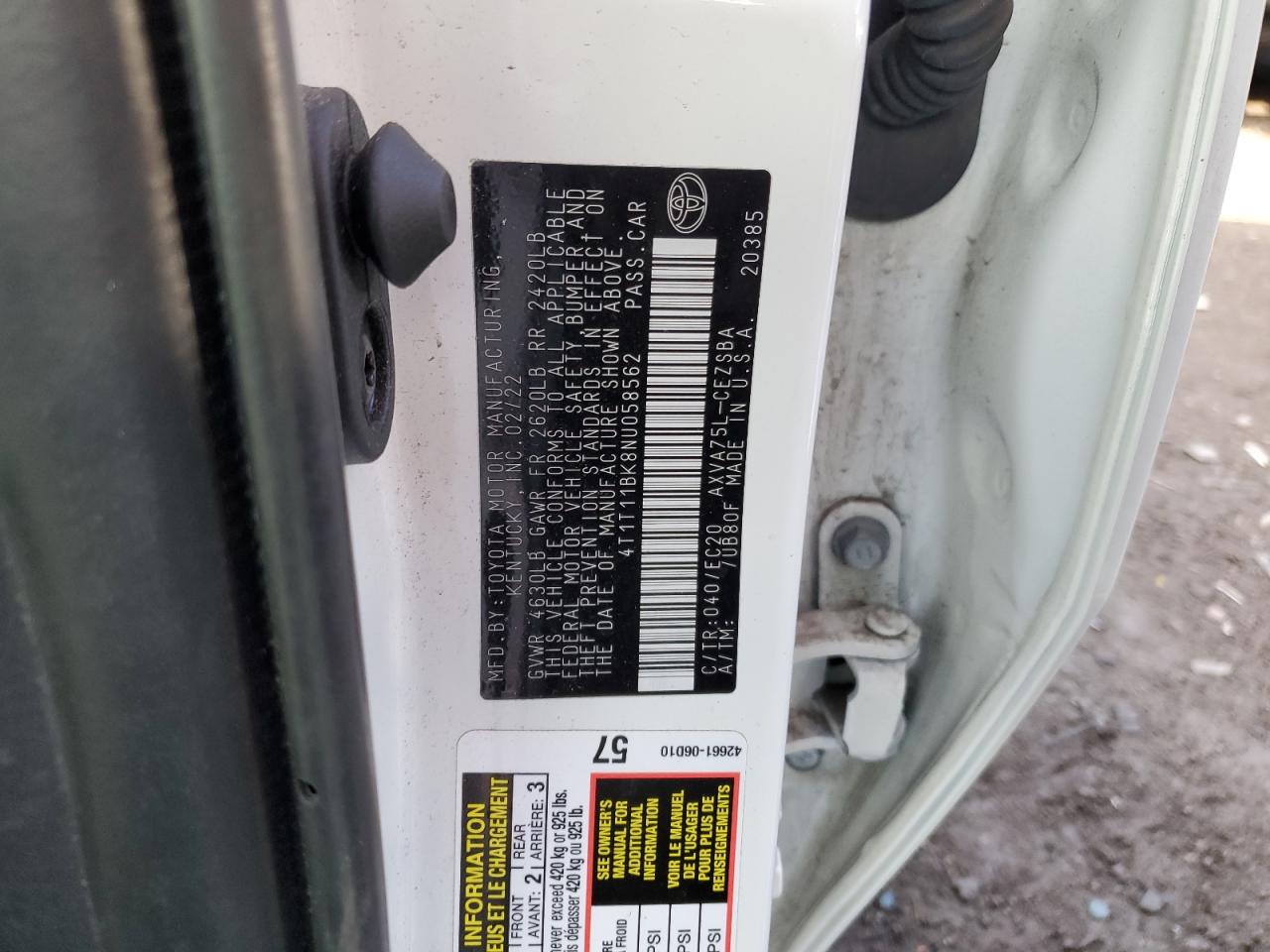 2022 TOYOTA CAMRY SE VIN:4T1T11BK8NU058562